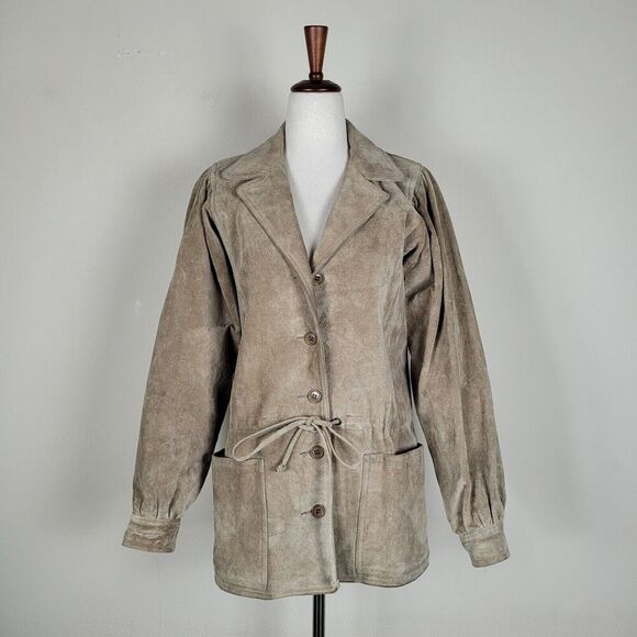 VTG Anne Klein Jacket 6 Tan Suede Button Down Drawstring 80s 90s Boho Minimalist - Picture 1 of 9
